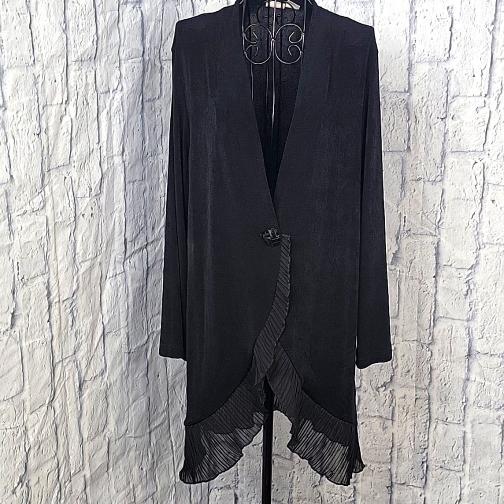 CHICO'S Slinky Knit Black Cardigan Sweater with Black Sheer Trim Medium